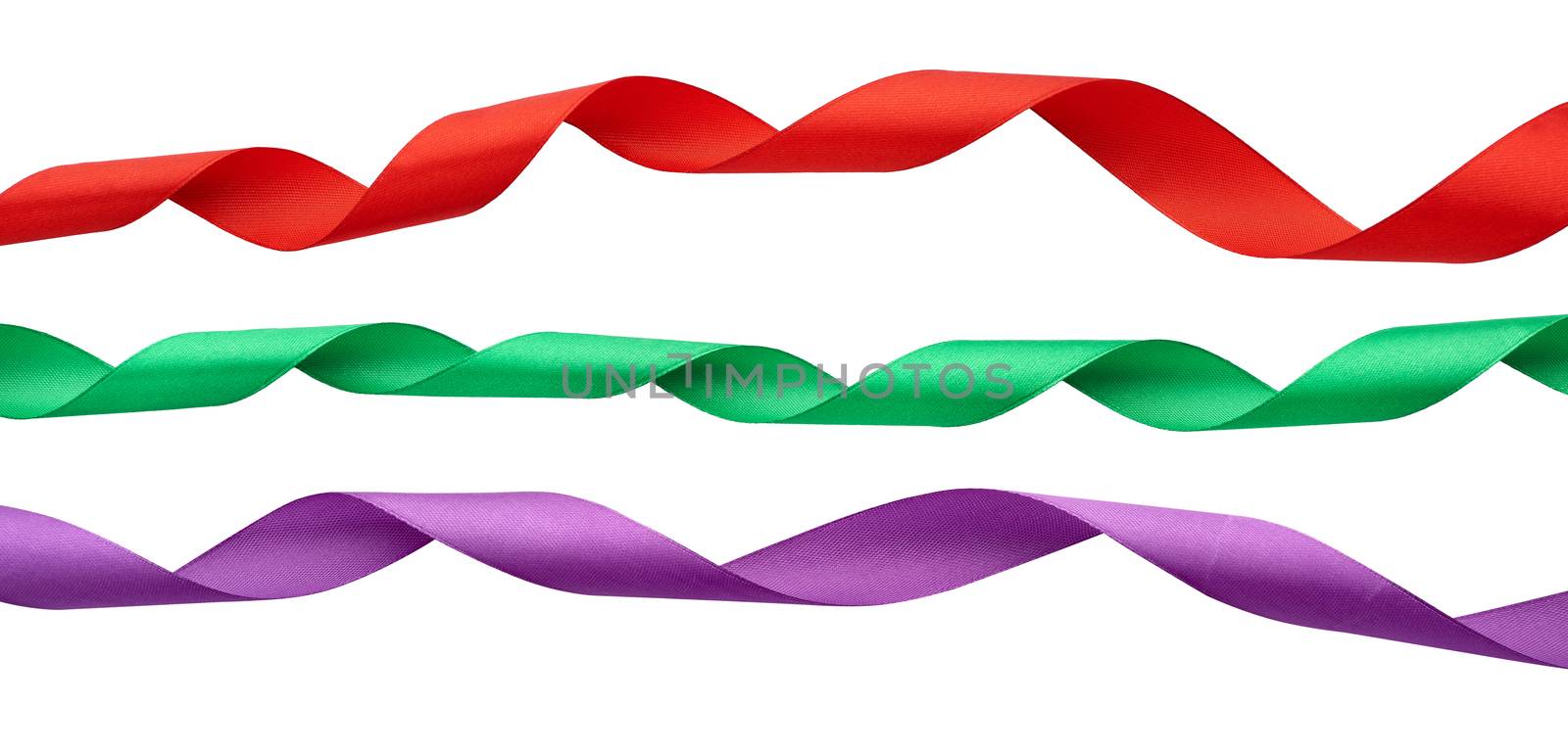 set of twisted silk red, green, purple ribbons isolated on white background, decorative element for designer