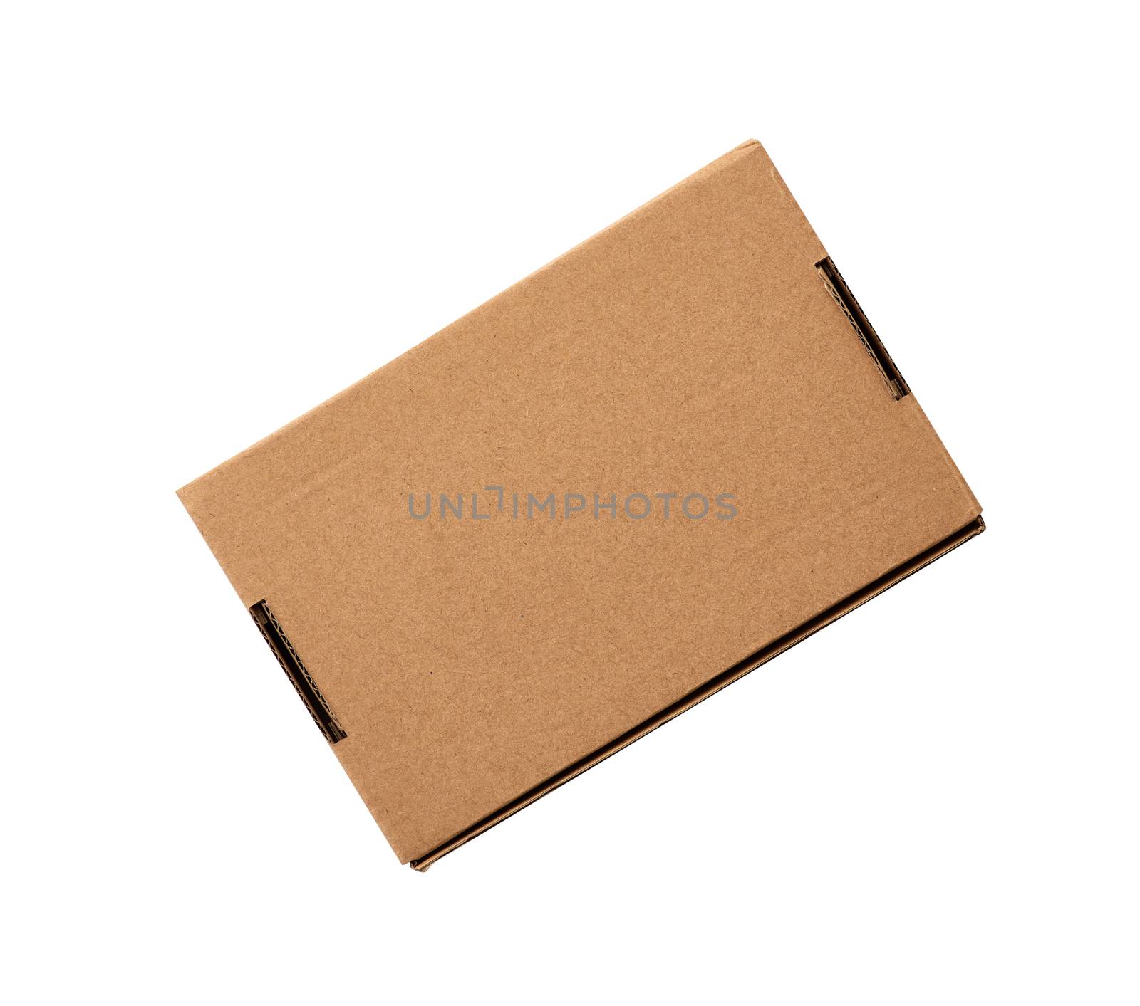 closed rectangular small brown box for transporting goods isolated on a white background, top view. Blank cardboard storage box