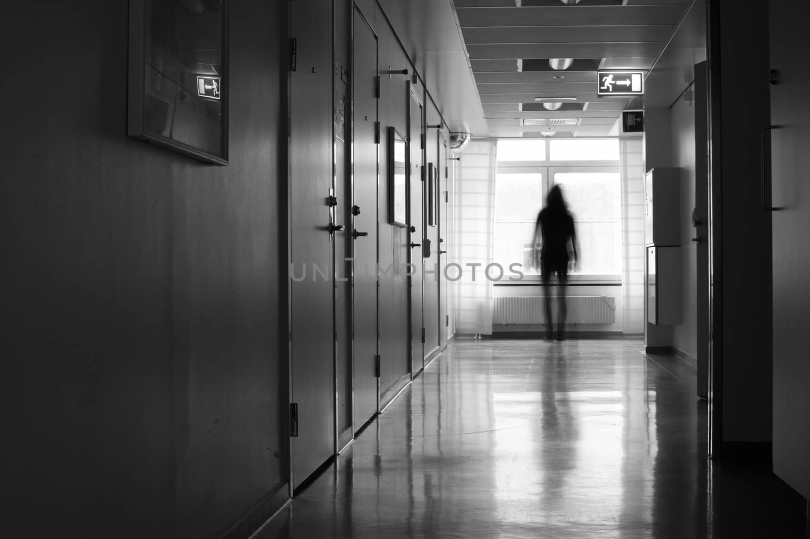 Silhouette of person in motion blur in front of window in a host by ankihoglund