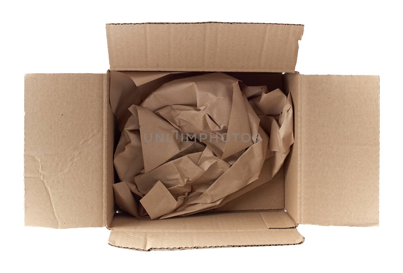 open empty square brown cardboard box for transportation and packaging of goods isolated on white background, top view. Template with square brown cardboard box