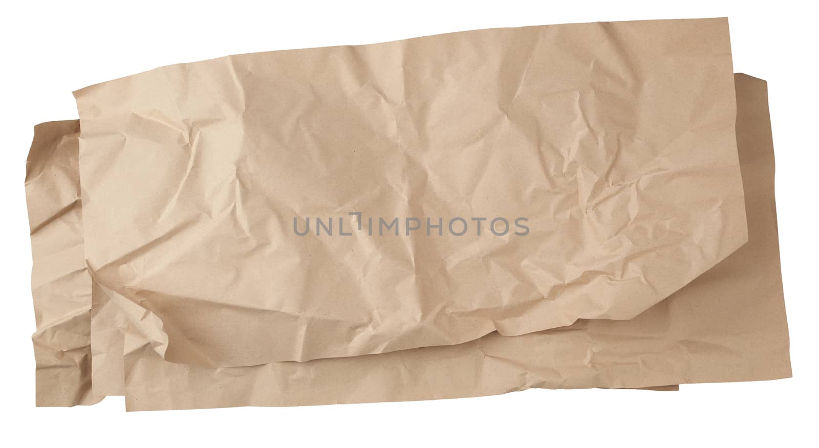 crumpled brown sheet of paper for packaging goods isolated on white background, close up