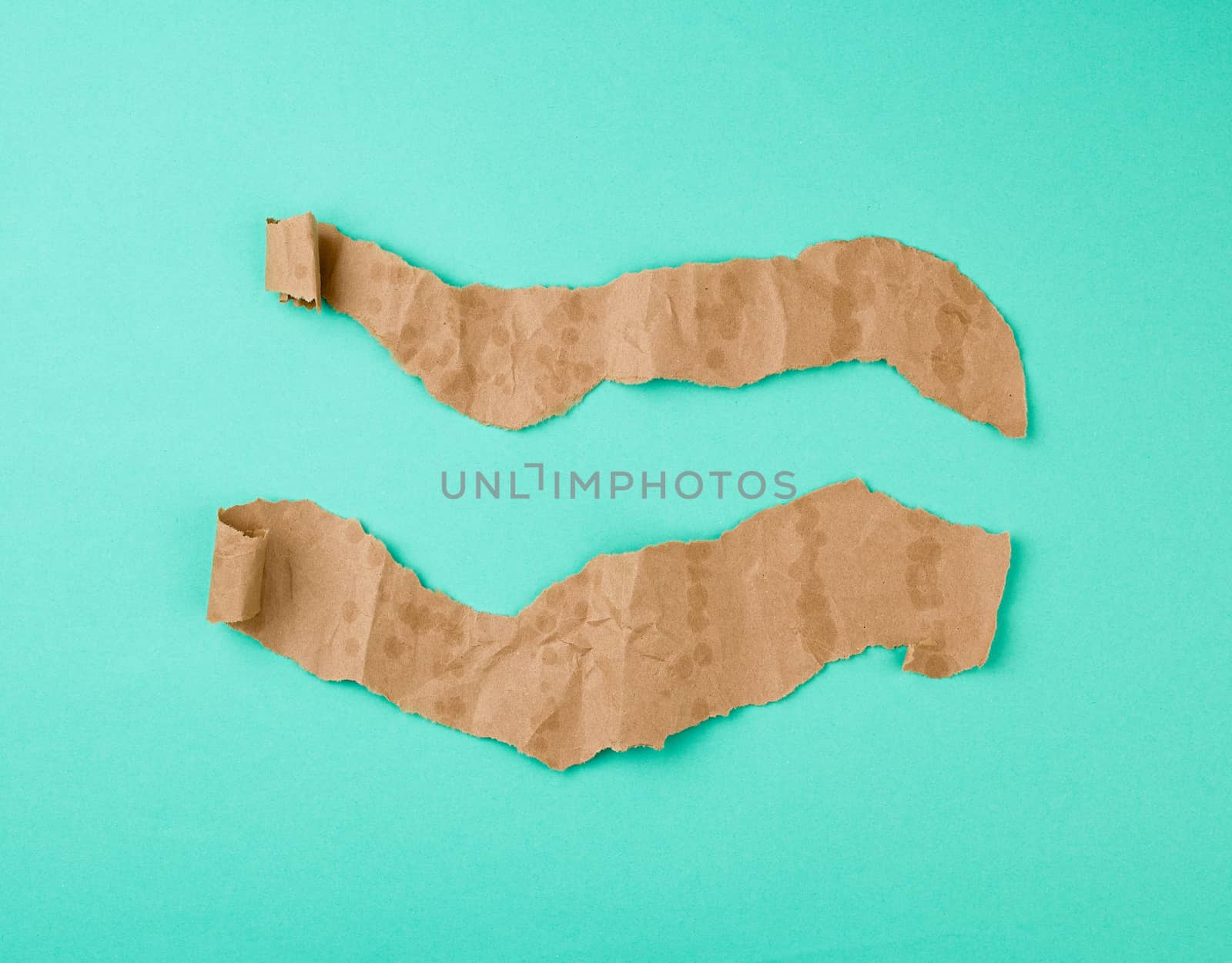 brown piece of paper with bold spots and a swirling corner on a green background, copy space