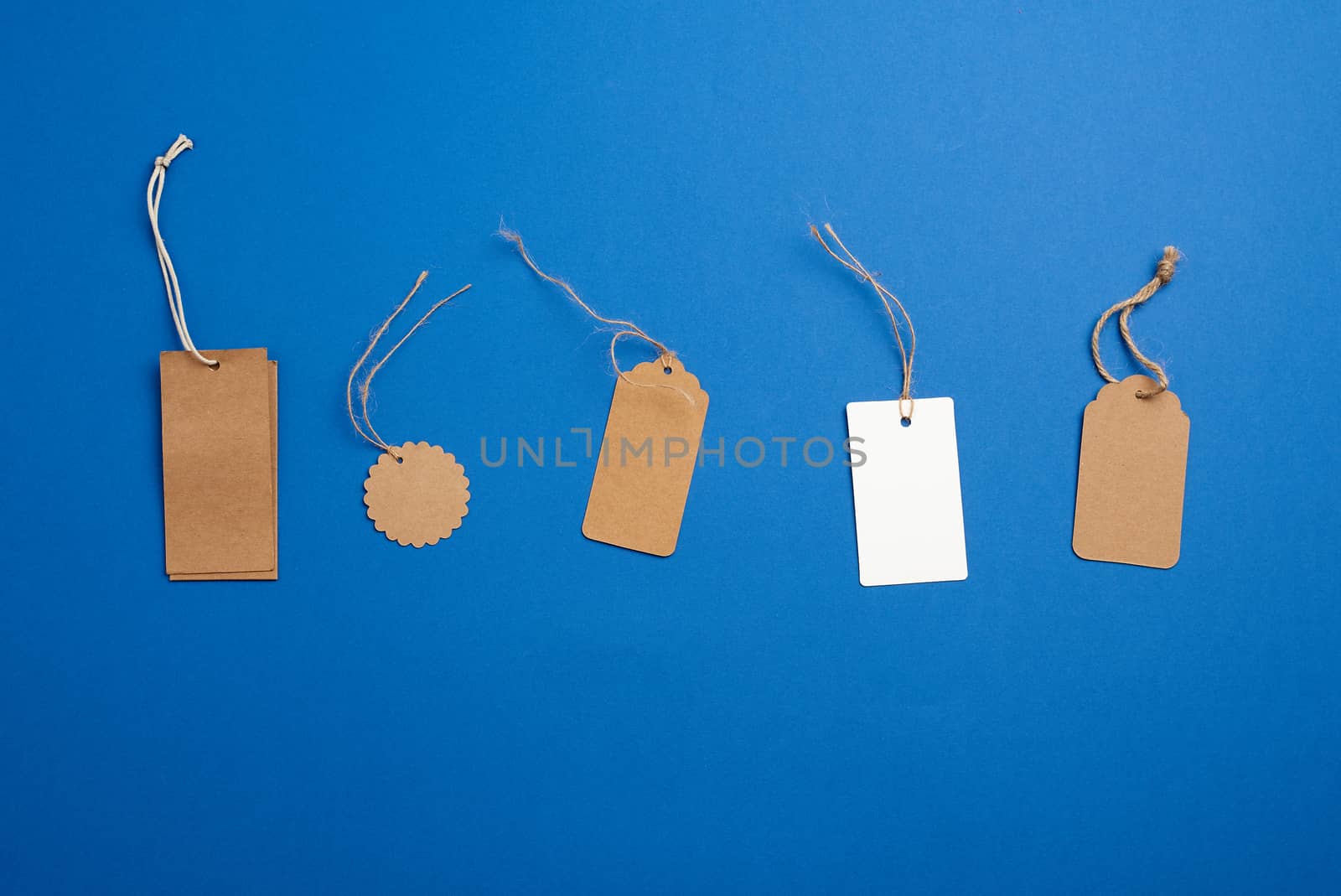 set of paper brown and white blank tags on a rope on a blue background. Vintage flat business template with paper brown tag empty for packaging design. Price tag label