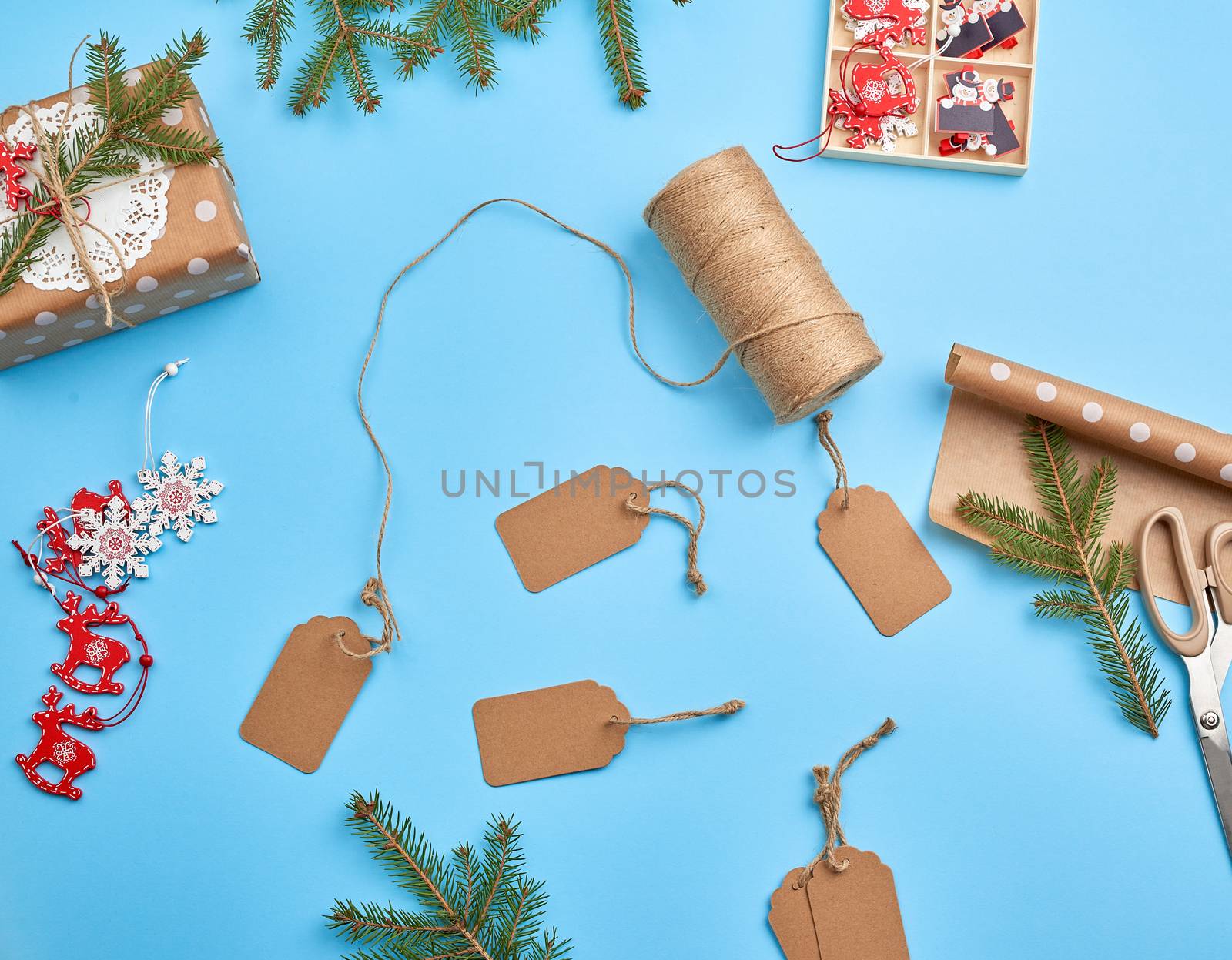 set of various items for packing a holiday gift. Package design. Festive concept. Vintage festive label.