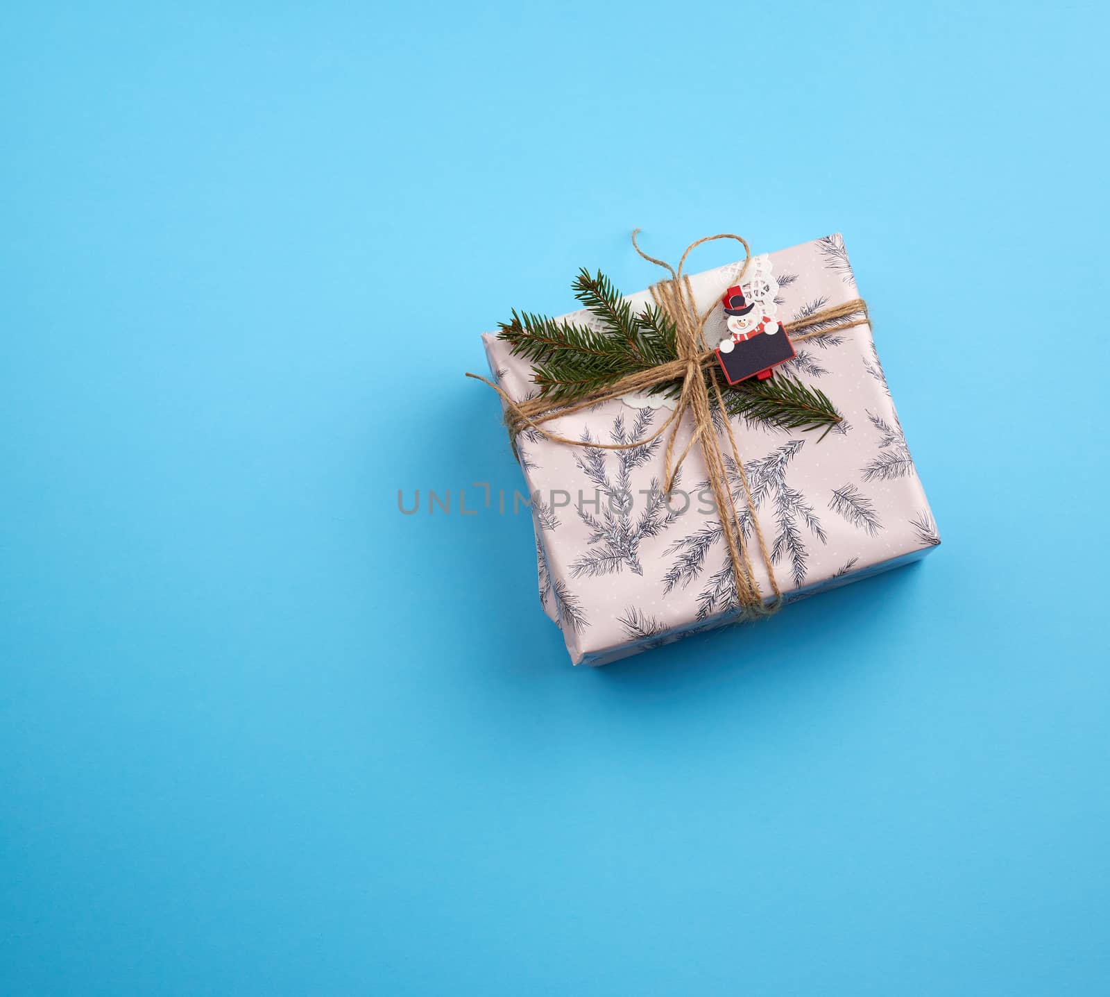 gift wrapped in pink paper and tied with a brown rope, decor from a green spruce branch on a blue background, top view