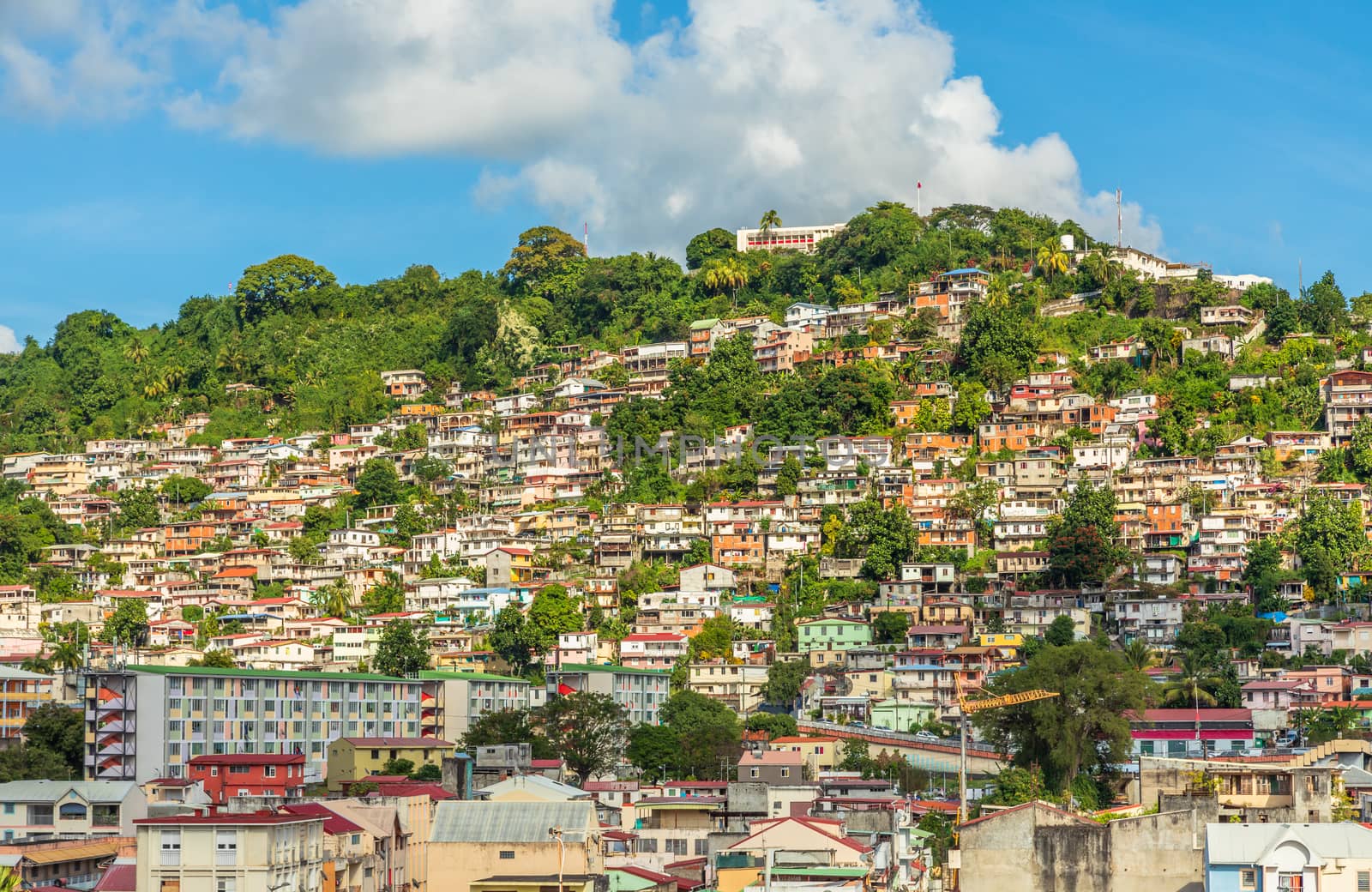 Lots of shantytown favelas on the hill, Fort De France, Martinique, French overseas department