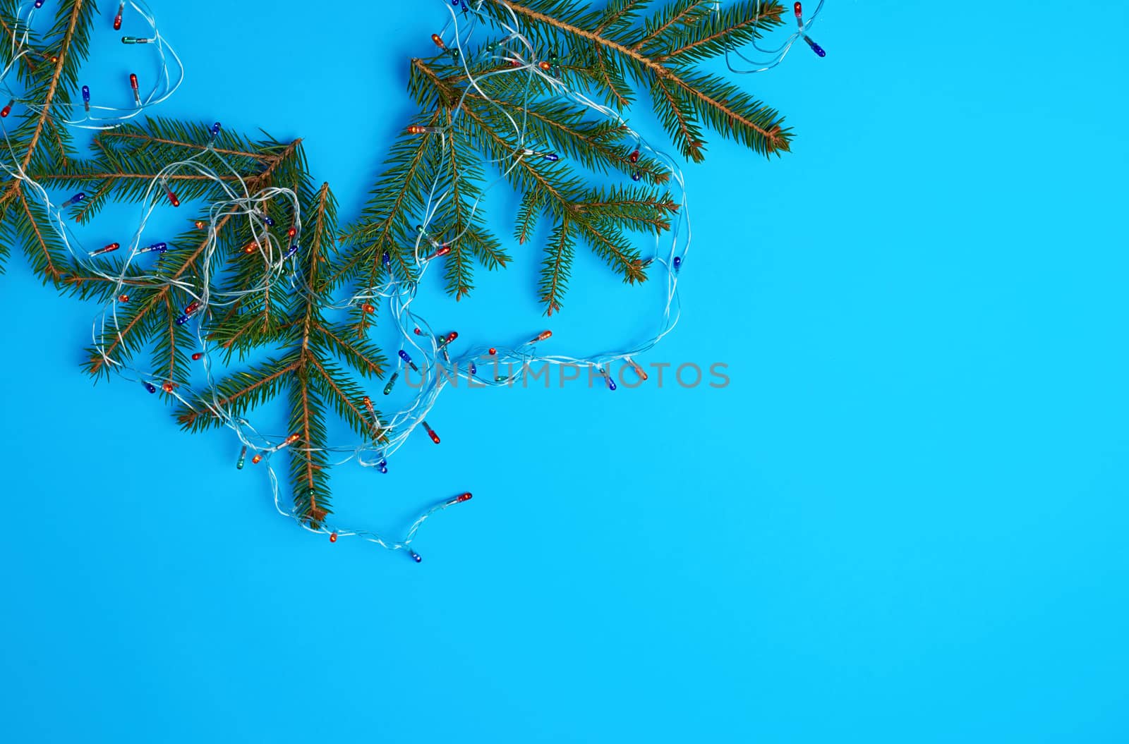 burning multi-colored light bulbs on a garland with a white cable and green twigs of needles, blue background, copy space