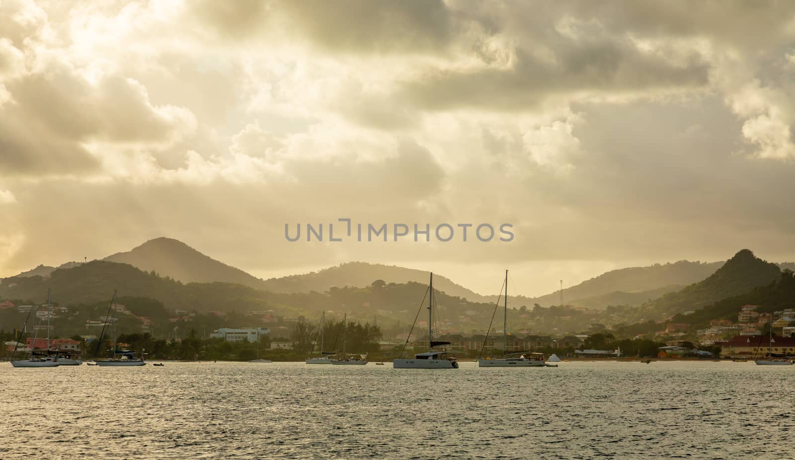 Sunrise view of Rodney bay with yachts anchored in the lagoon, Saint Lucia, Caribbean sea