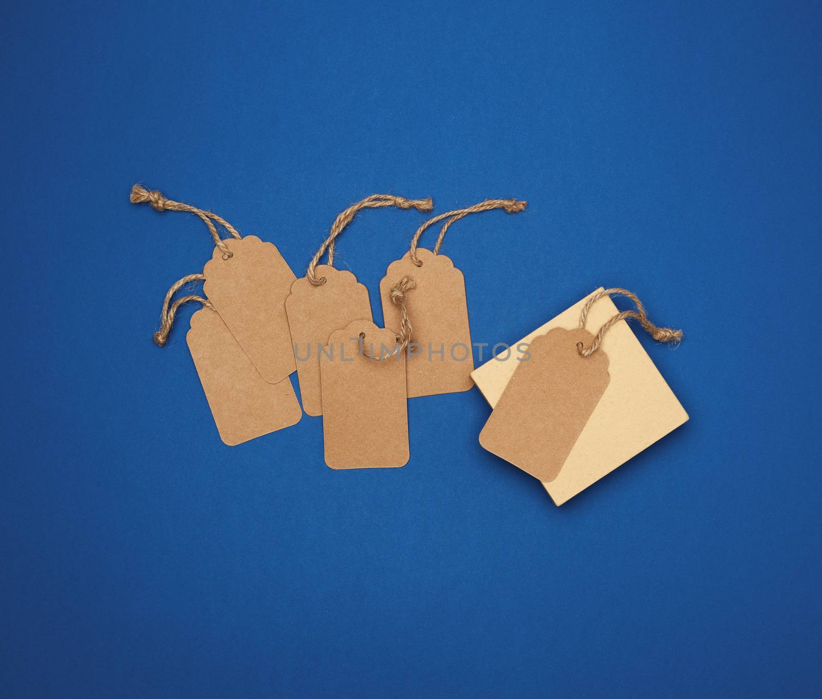 set of empty paper brown rectangular tags on a rope, price tags are on a blue trend background, top view