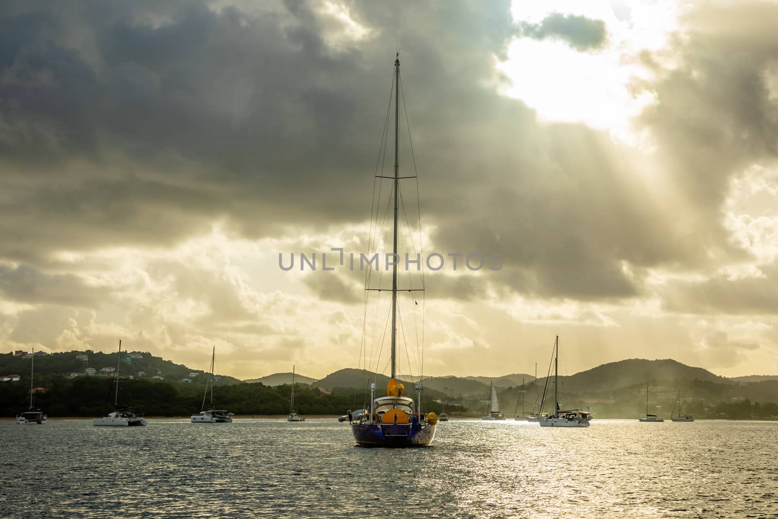 Sunset view of Rodney bay with yachts anchored in the lagoon, Saint Lucia, Caribbean sea