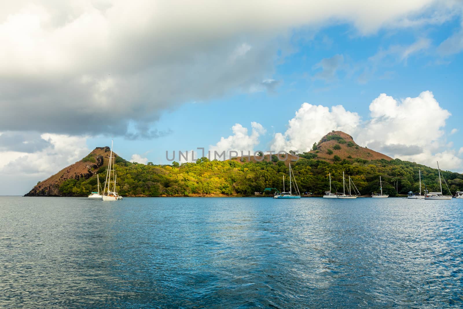 Yachts anchored at the Pigeon Island, Rodney bay, Saint Lucia, Caribbean sea