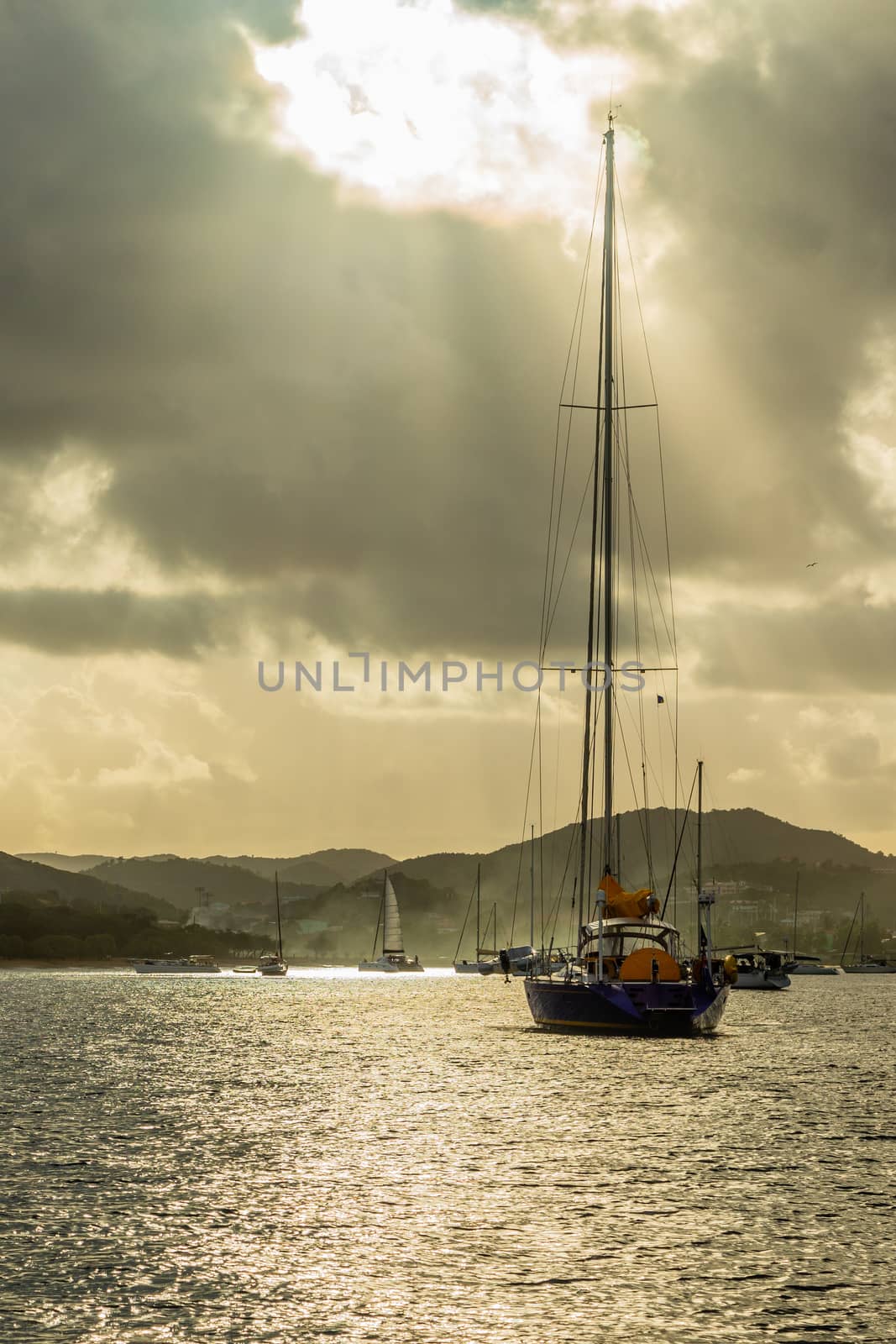 Sunset view of Rodney bay with yachts anchored in the lagoon, Saint Lucia, Caribbean sea