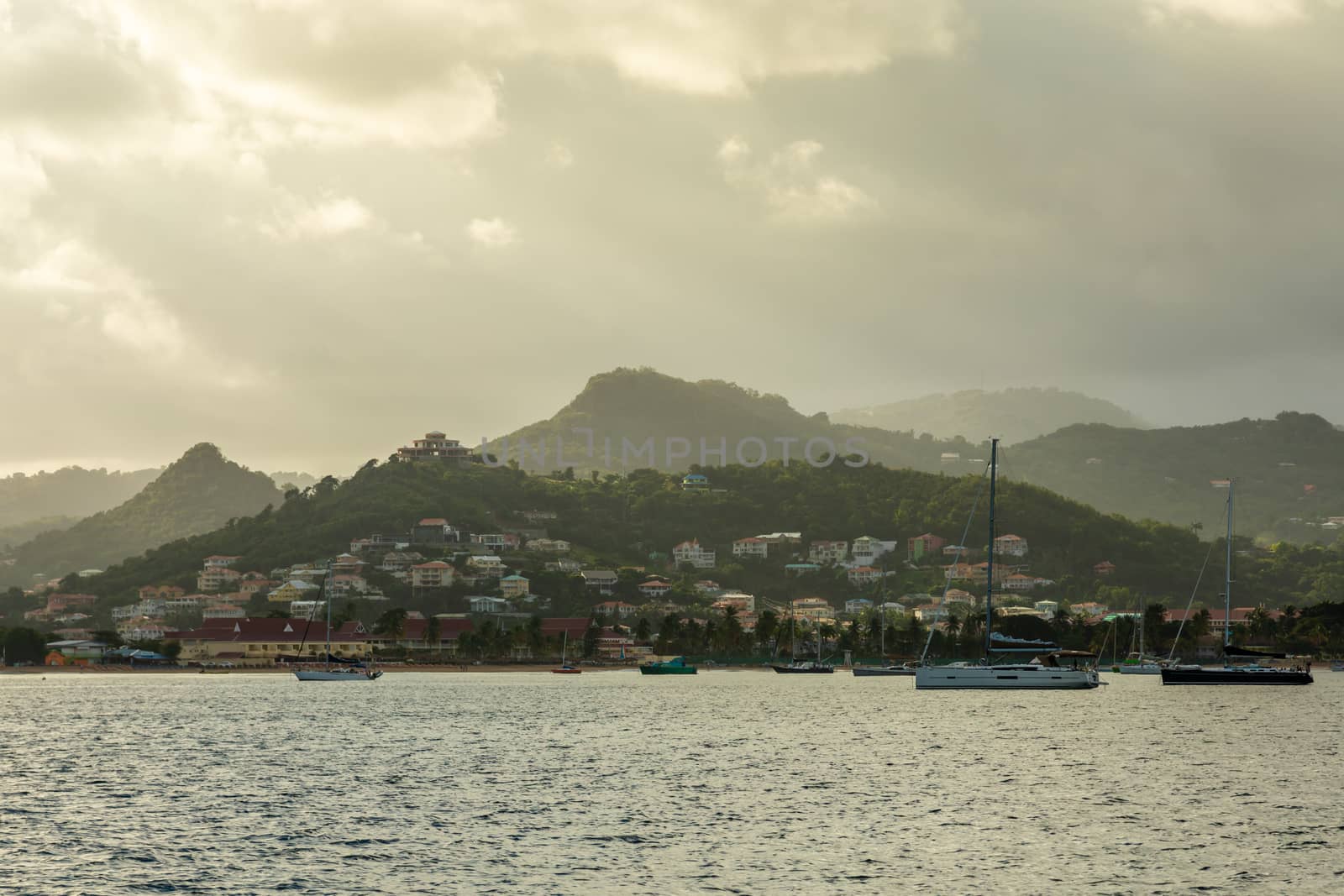 Sunrise view of Rodney bay with yachts anchored in the lagoon, Saint Lucia, Caribbean sea