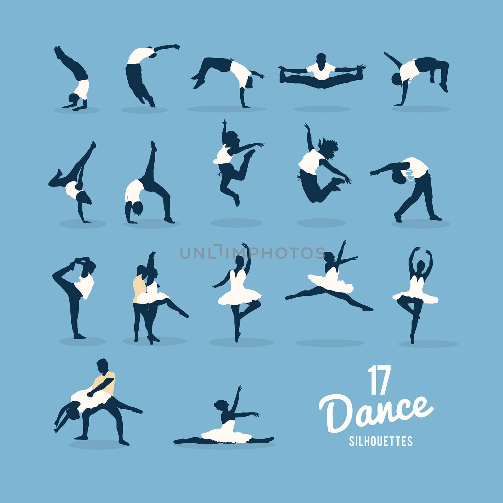 Digitally generated Seventeen dance silhouettes vector