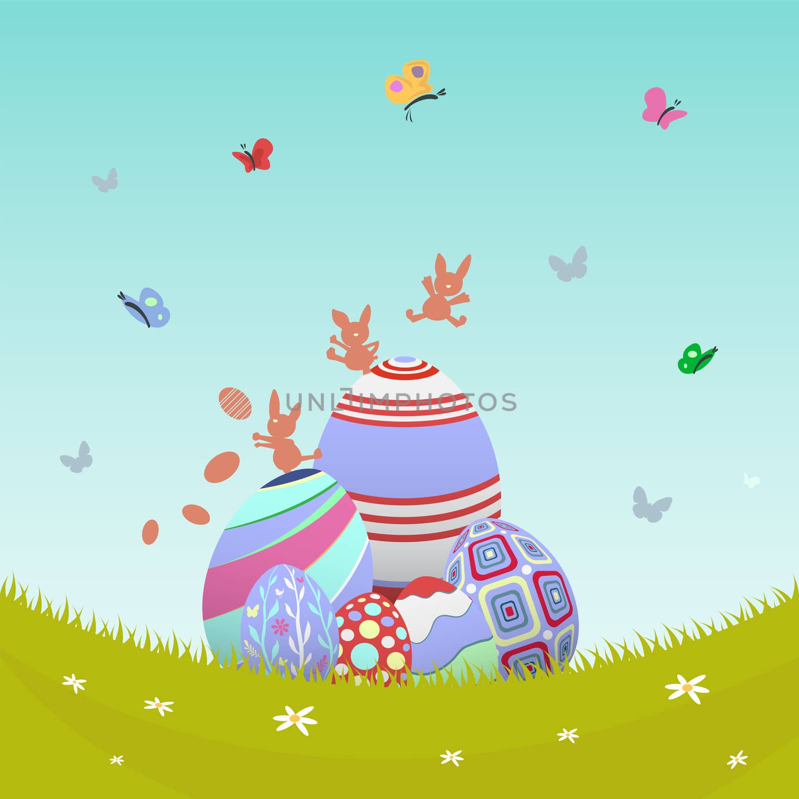 Digitally generated Easter vector with eggs in meadow