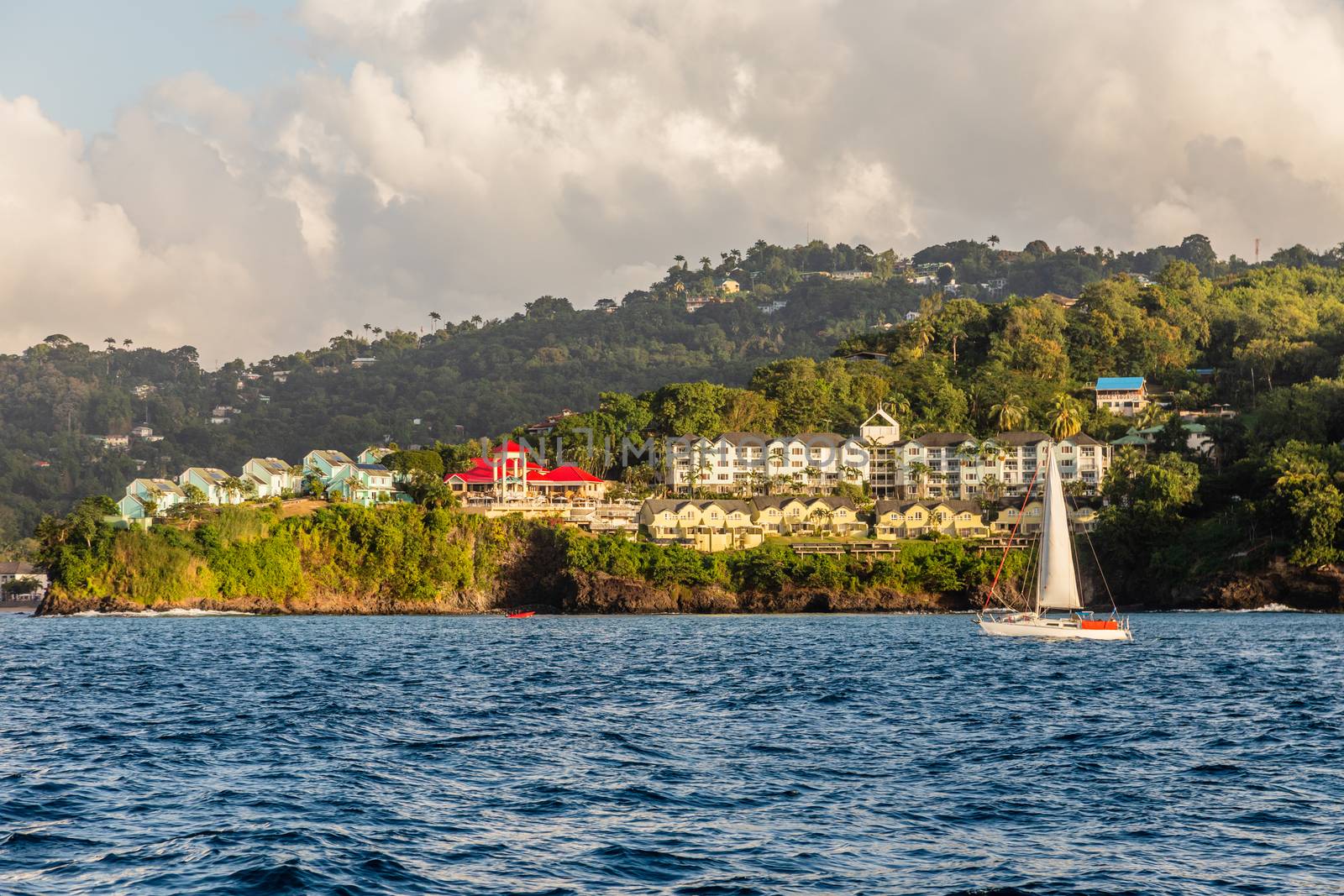 Coastline view with  villas and resorts on the hill, Castries, Saint Lucia