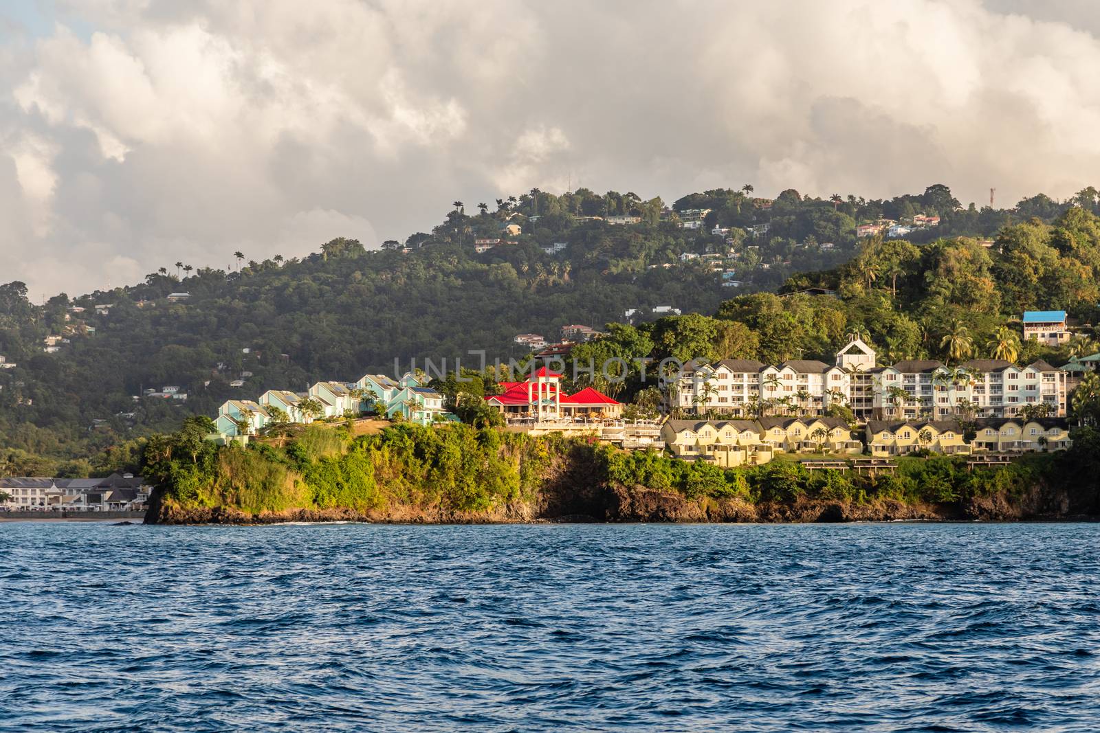 Coastline view with  villas and resorts on the hill, Castries, S by ambeon