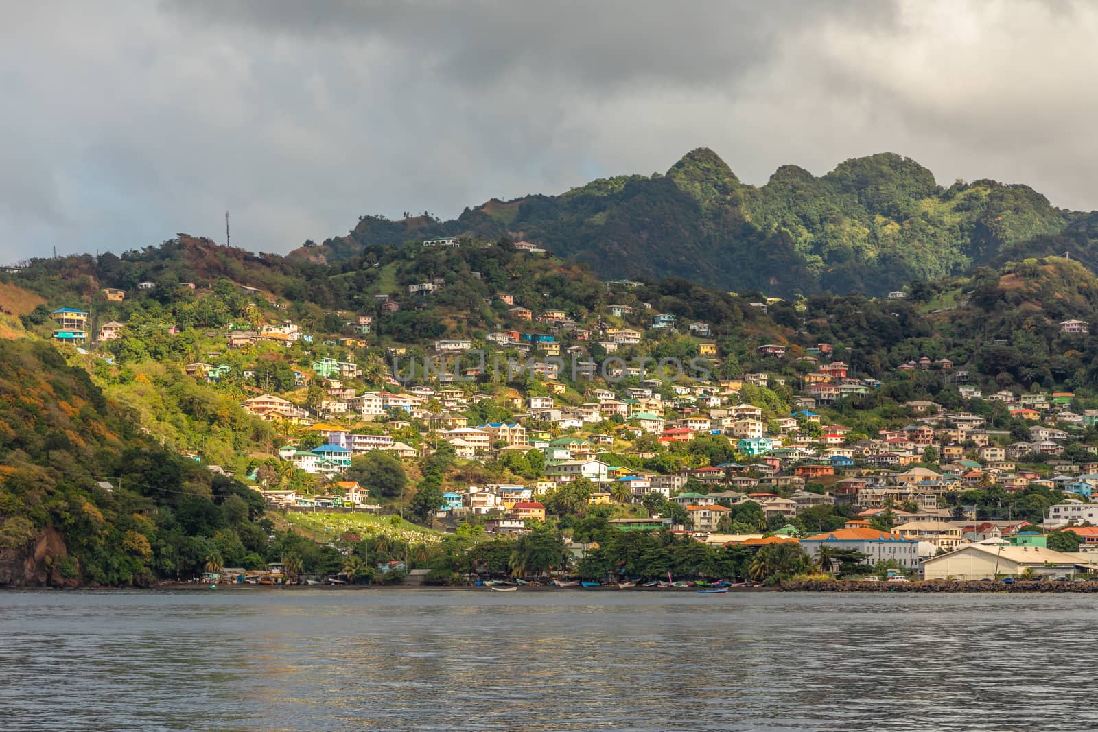 Coastline view with lots of living houses on the hill, Kingstown, Saint Vincent and the Grenadines