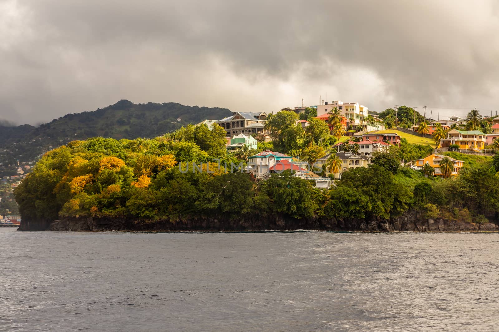 Coastline view with lots of living houses on the hill, Kingstown, Saint Vincent and the Grenadines