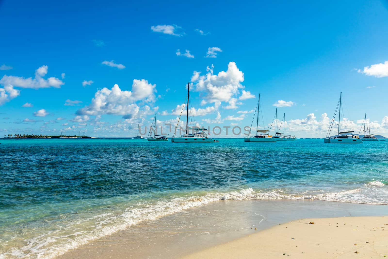 Turquoise colored sea with ancored yachts and catamarans, Tobago Cays tropical islands, Saint Vincent and the Grenadines, Caribbean sea