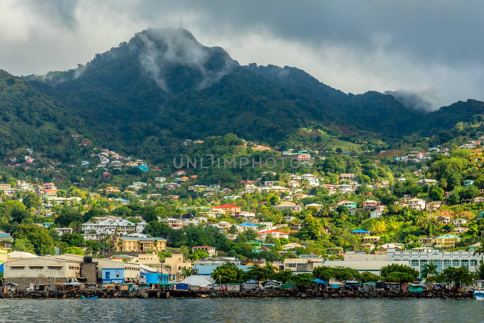 Coastline view with lots of living houses on the hill, Kingstown, Saint Vincent and the Grenadines