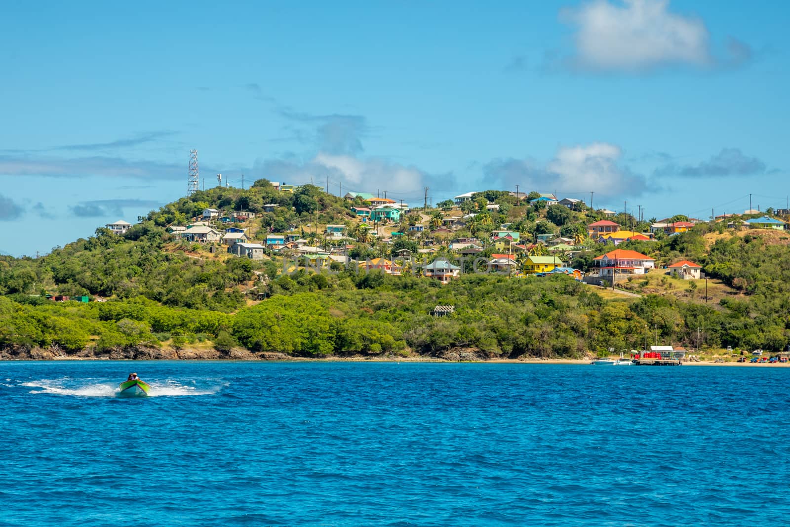 Residential houses at the bay, Mayreau island panorama, Saint Vincent and the Grenadines