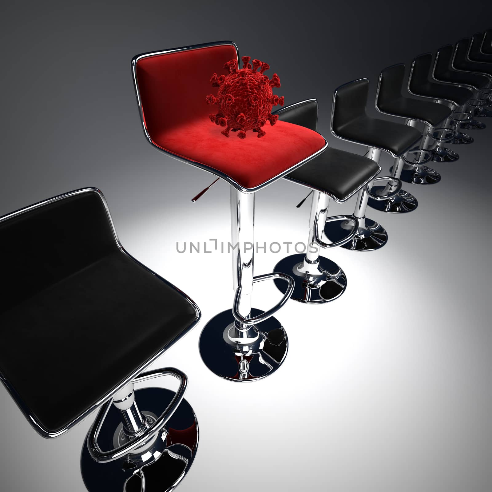 An illustration showing a coronavirus on a high red bar stool. 3D illustration