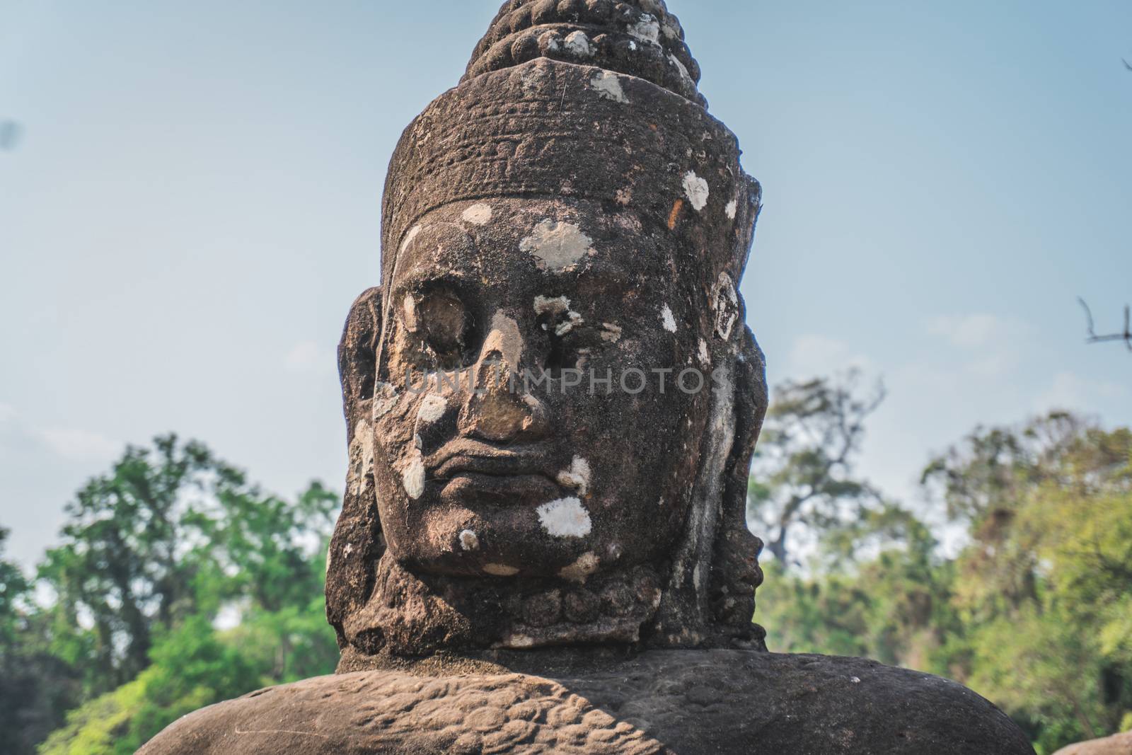 Ancient Angkor Wat Ruins Panorama. Giants in Front Gate of Angkor Thom. Siem Reap, Cambodia 