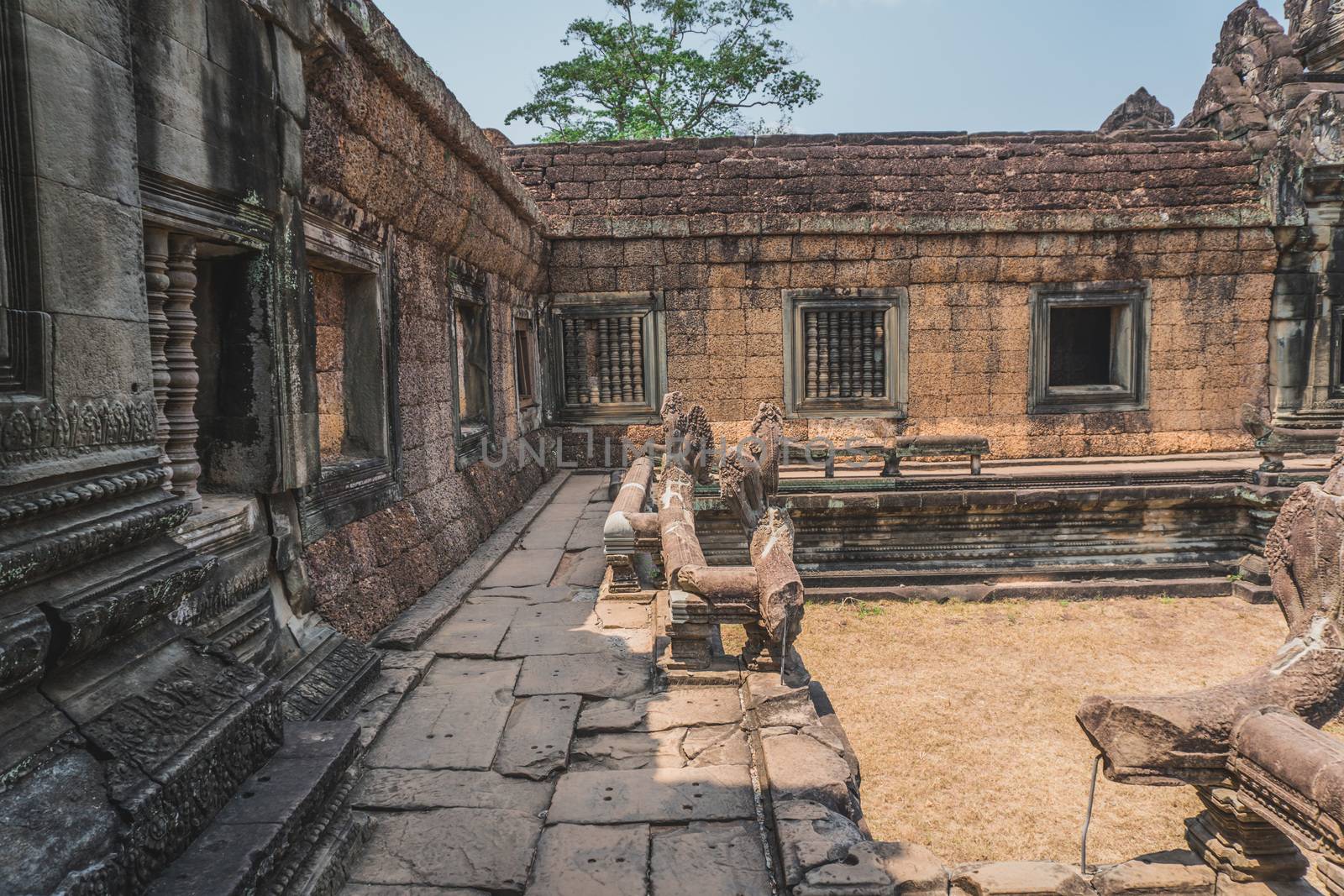 Ancient Angkor Wat Ruins Panorama. Banteay Srei Temple. Spectacular view of ruins of ancient building. Siem Reap