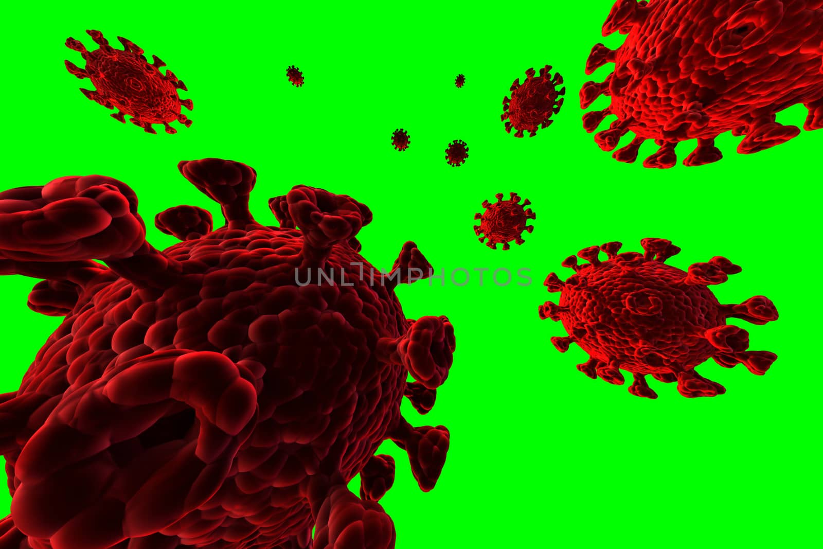 An illustration showing the structure of an epidemic virus. 3D rendering of a coronavirus on a green background