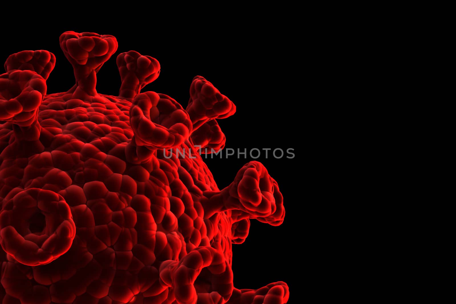 An illustration showing the structure of an epidemic virus. 3D rendering of a coronavirus on a black background