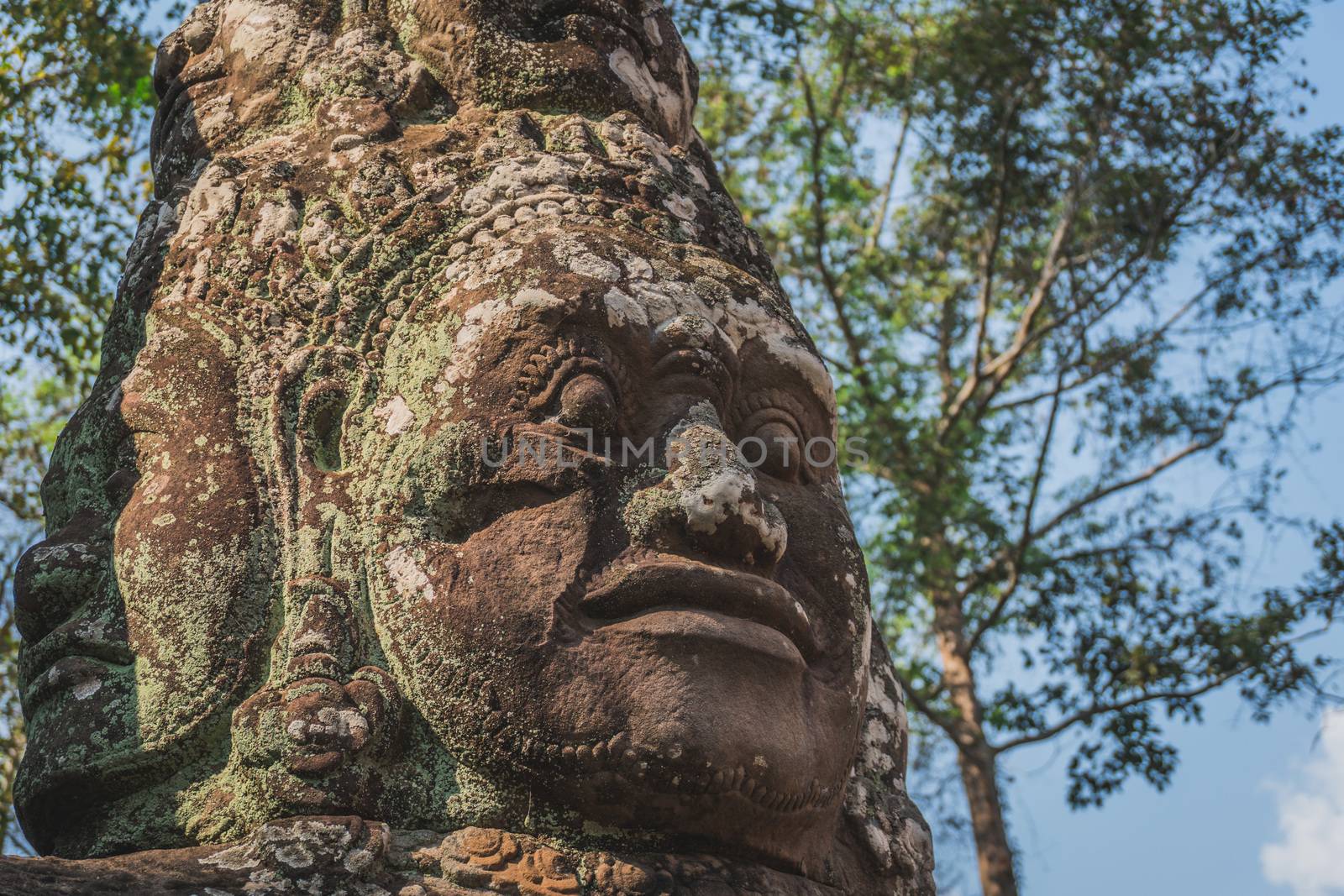 Ancient Angkor Wat Ruins Panorama. Giants in Front Gate of Angkor Thom. Siem Reap, Cambodia