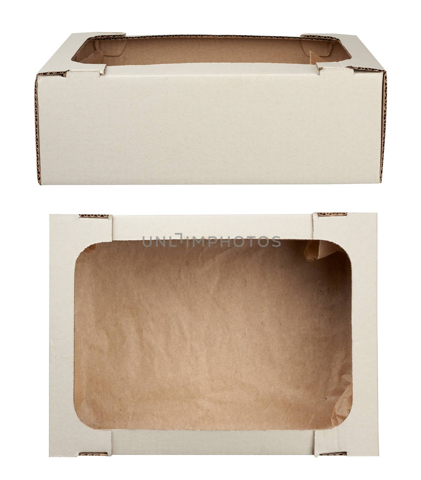 empty white paper box made of corrugated cardboard with parchment paper on the bottom and without a lid, containers for cookies and culinary products, set of different angles