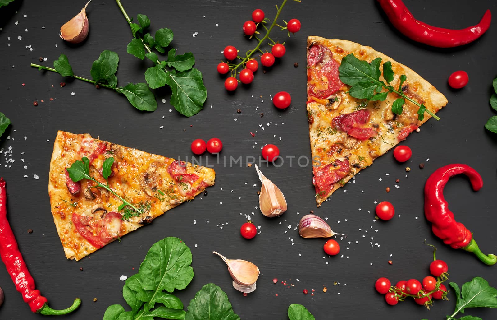 triangular piece of baked pizza with mushrooms, smoked sausages, tomatoes and cheese, black background, flat lay