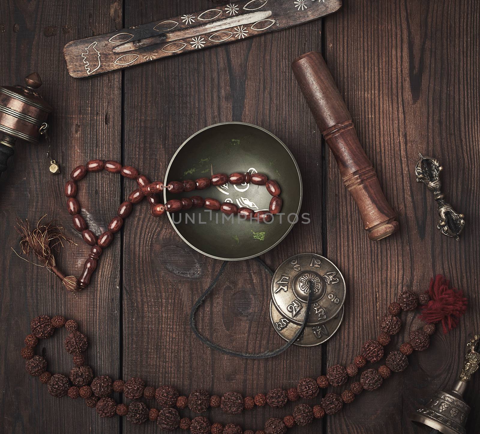 Copper singing bowl, prayer beads, prayer drum and other Tibetan by ndanko