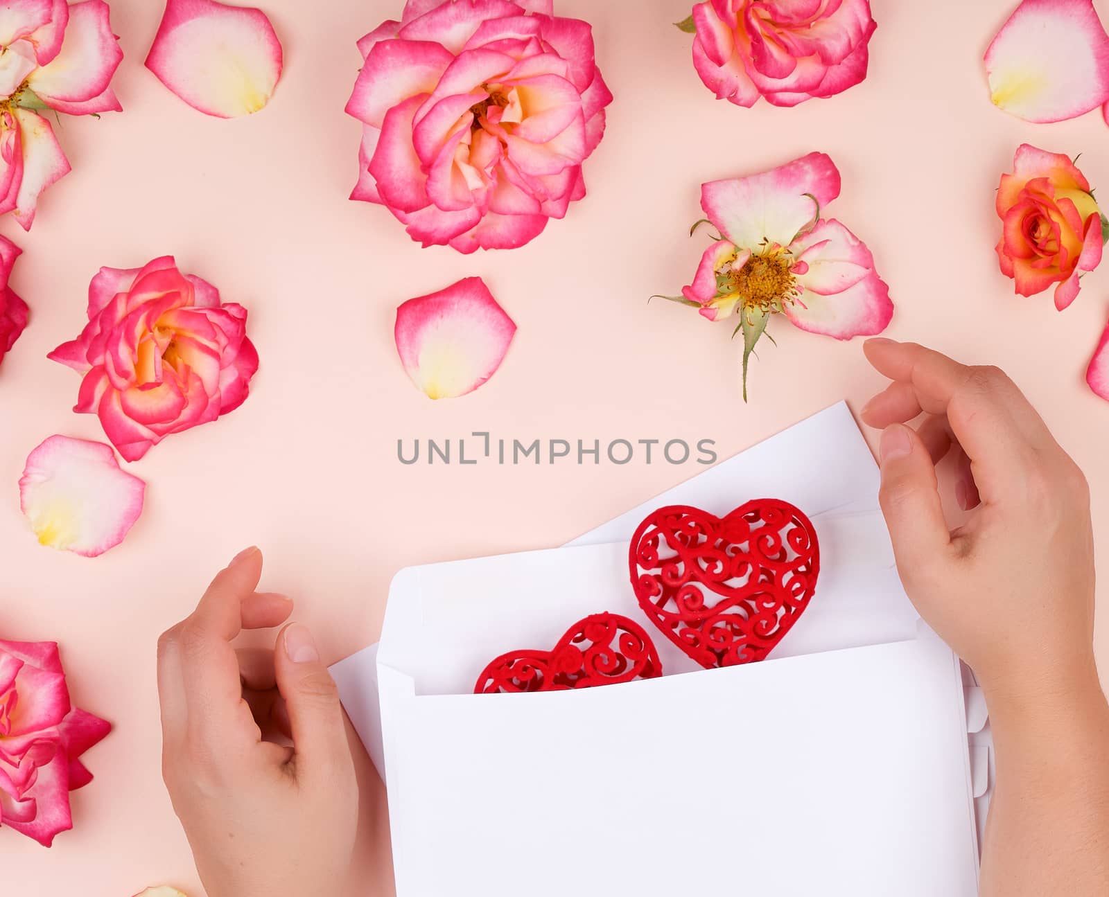 two female hands put a red heart in a white paper envelope, concept of congratulations on the holiday and love