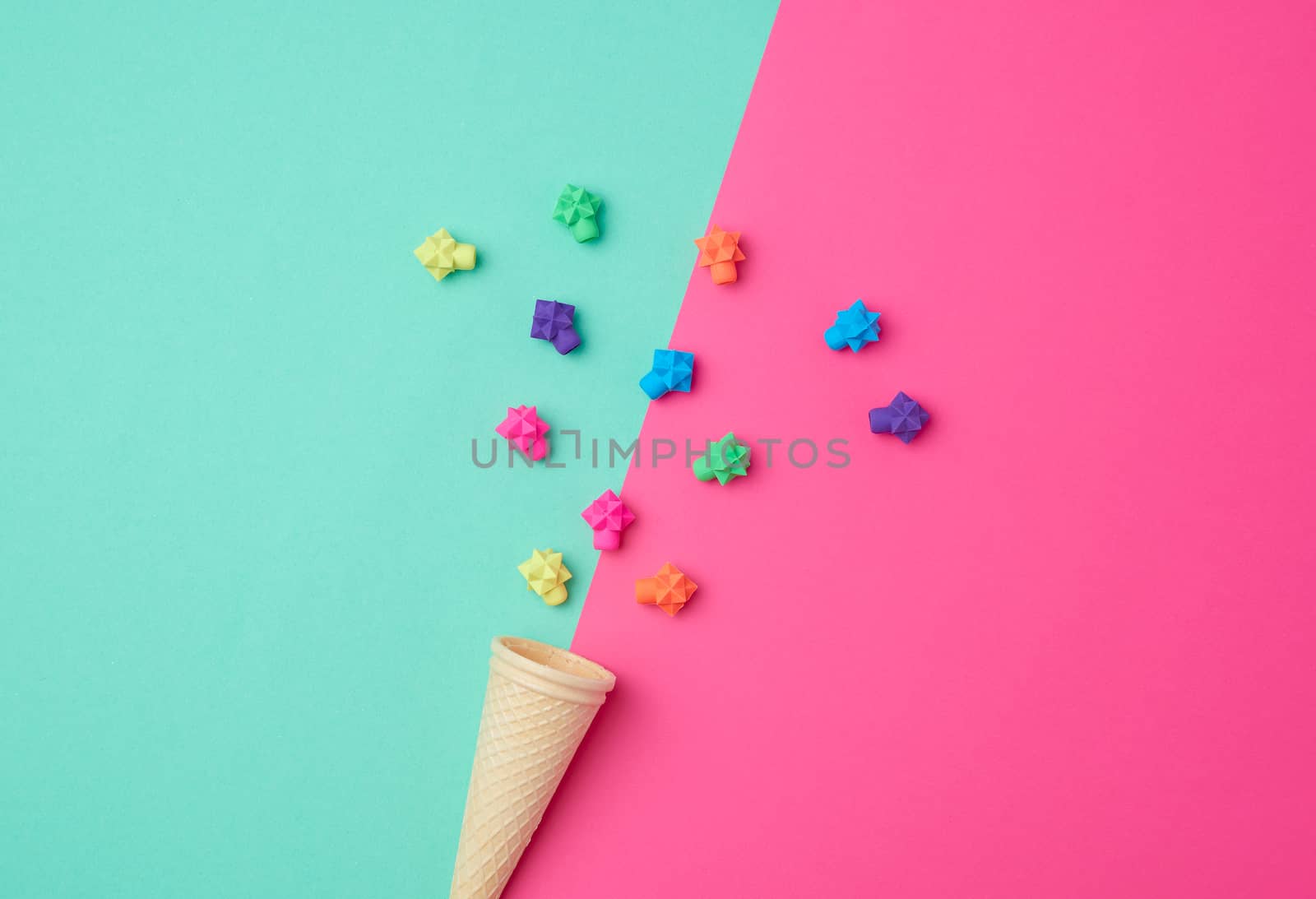 cone-shaped waffle cup on a colored background, top view