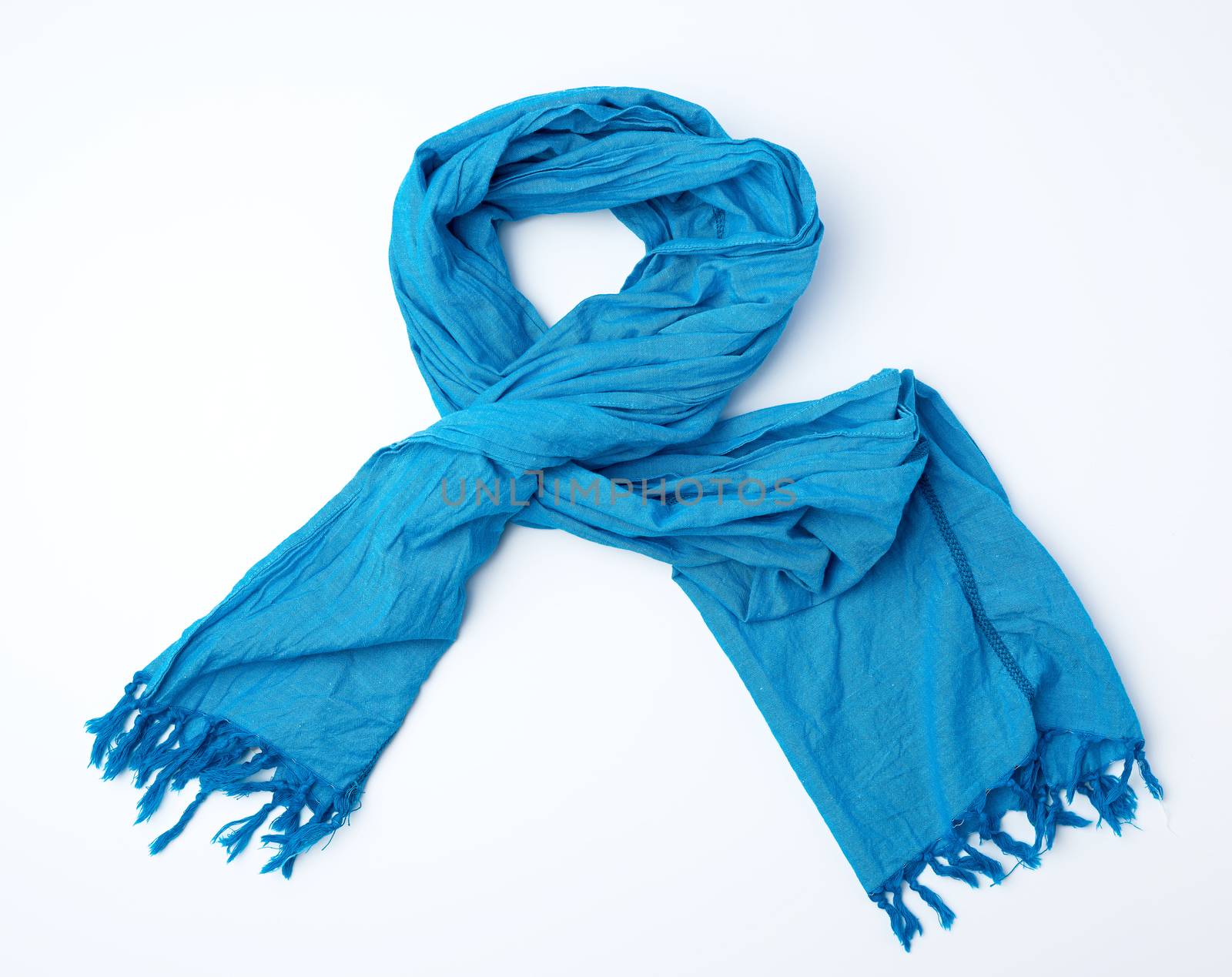 blue female scarf imitates tying around the neck on a white background, top view