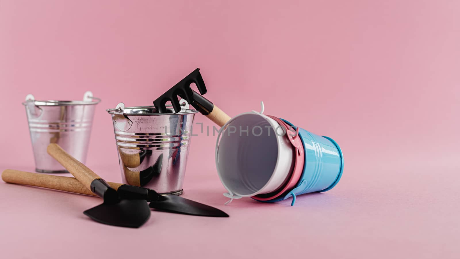 Gardening tools with tin pails or buckets on pink background for planting concept