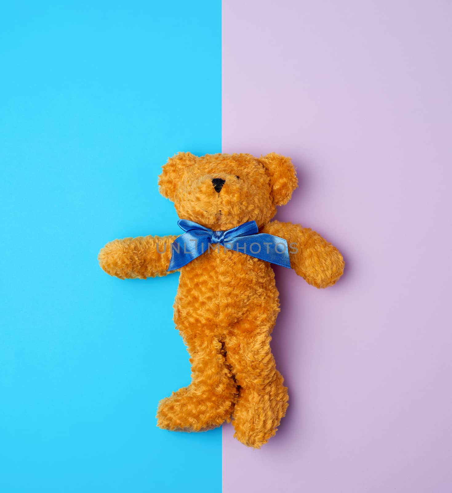 cute brown teddy bear with a blue bow on his neck by ndanko