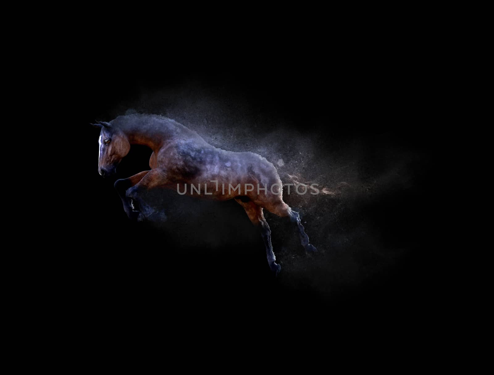 A horse moving and jumping with dust particle effect on black background, 3d illustration