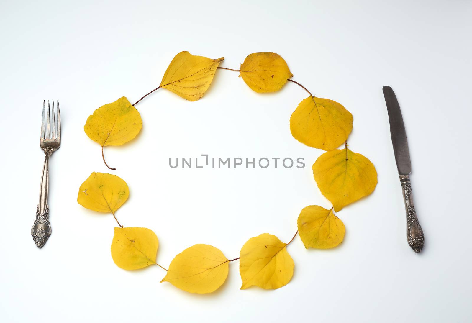fork, knife and round wreath of yellow dried apricot leaves on a white background, copy space