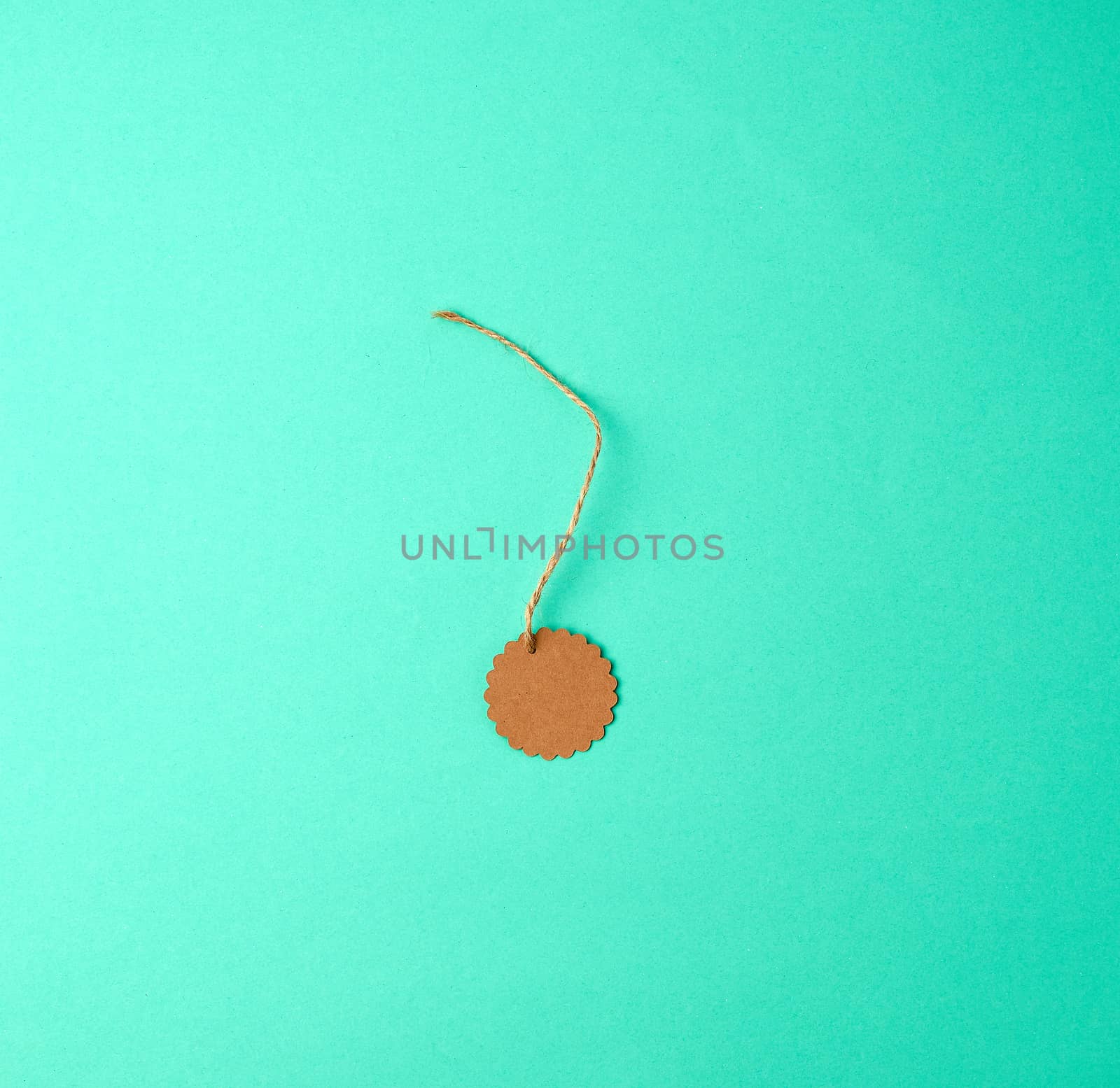 empty round brown tag on a rope, green background