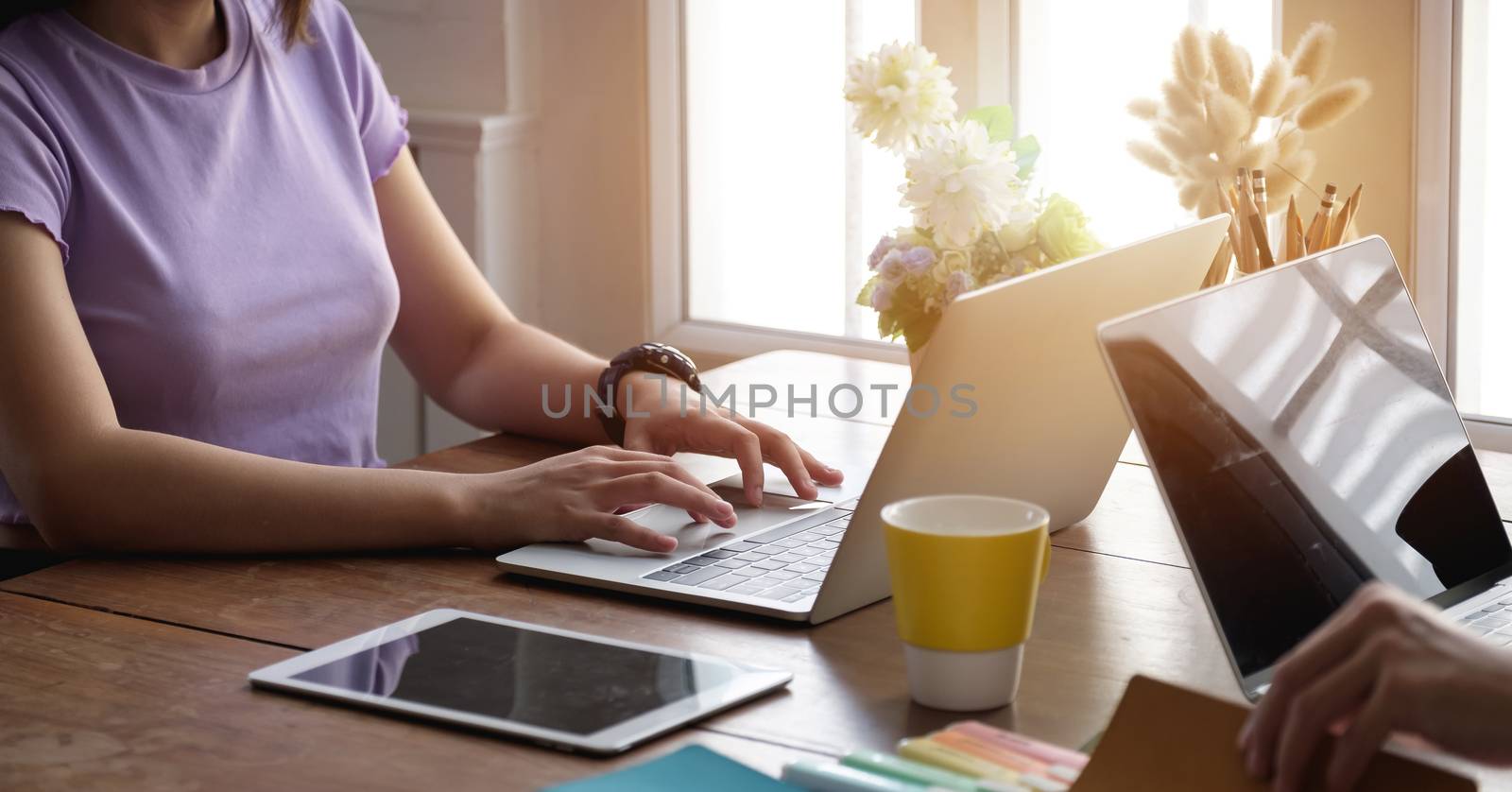 Close up young woman using her laptop at home, freelance, studying, working.