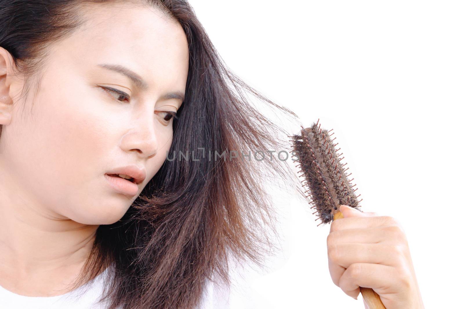 Woman serious hair loss problem for health care shampoo and beauty product concept, selective focus