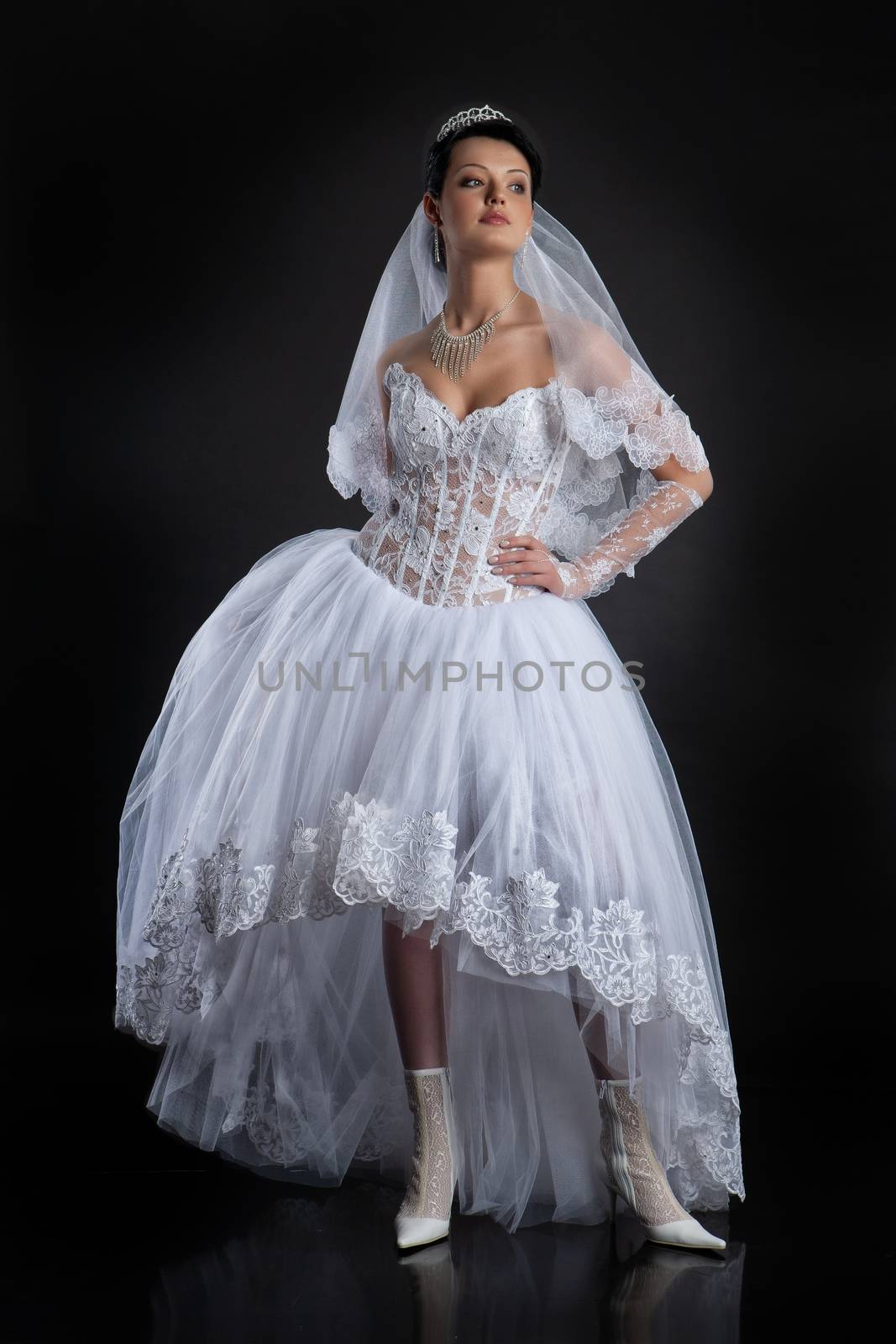Young beautiful woman in a wedding dress on a studio background