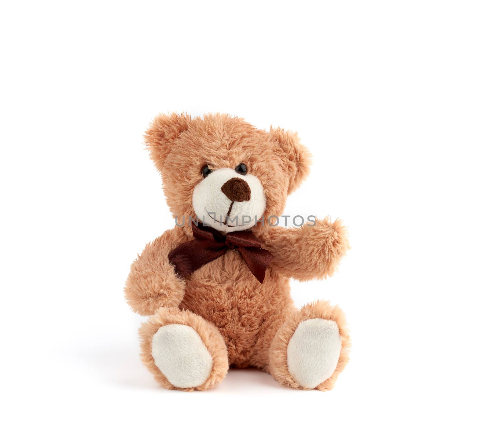 cute brown teddy bear with a bow around the neck sit on a white background, close up