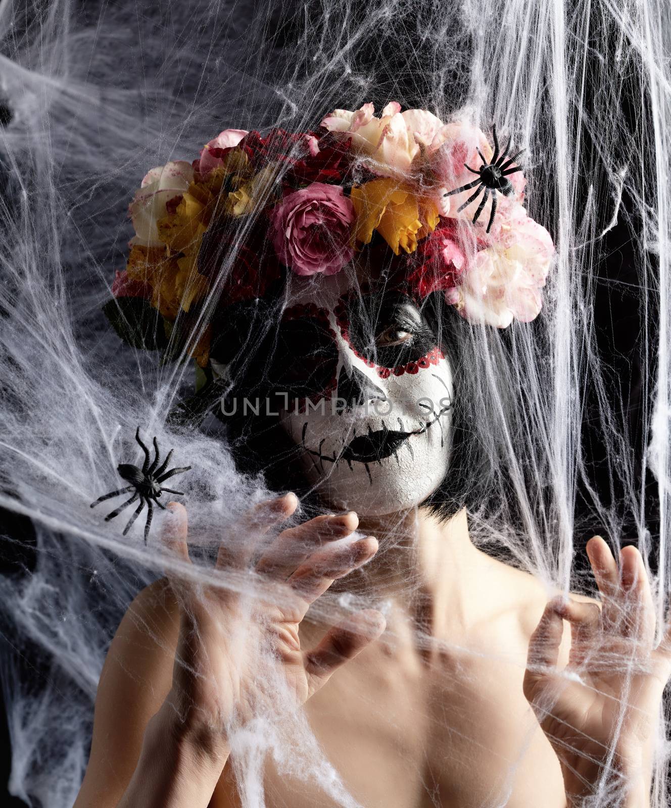 girl with black hair is dressed in a wreath of multi-colored roses and makeup is made on her face Sugar skull to the day of the Dead. Woman looking at the camera through a white web with spiders