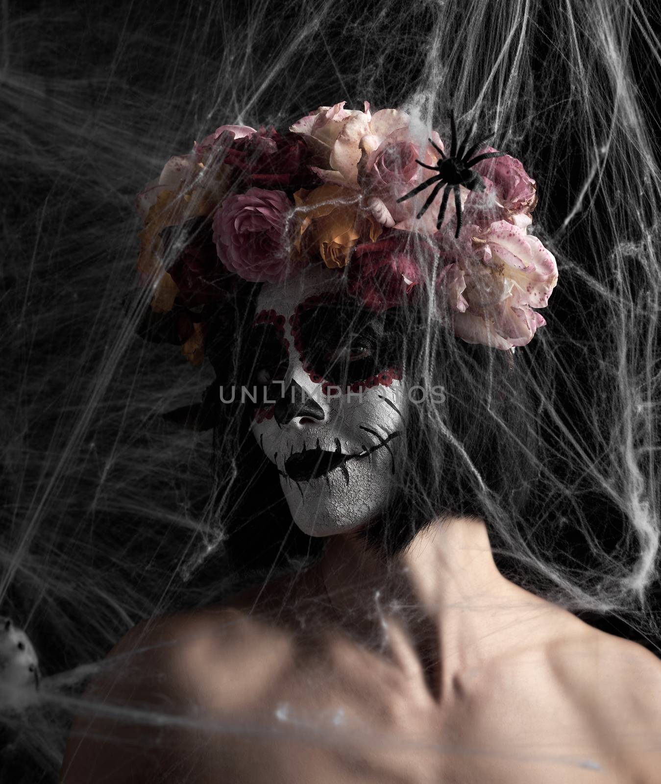 girl with black hair is dressed in a wreath of multi-colored roses and makeup is made on her face Sugar skull to the day of the Dead. Woman looking at the camera through a white web with spiders