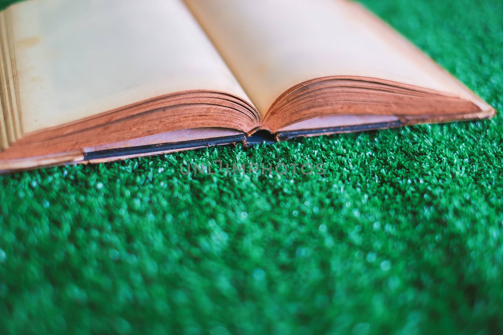 Old opened book on the plastic artificial green grass